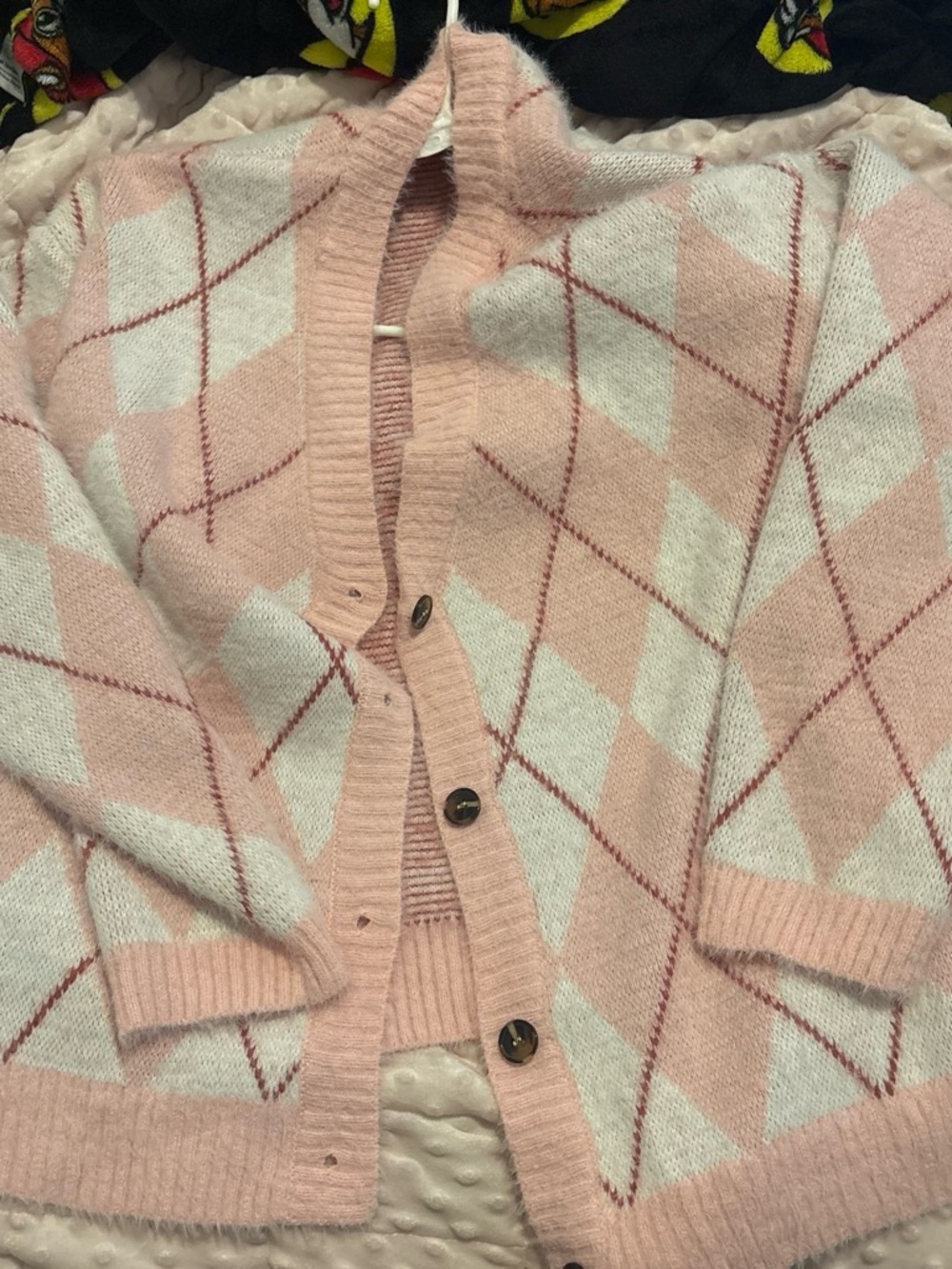 Soft Pink Argyle Button-Up Cardigan Sweater